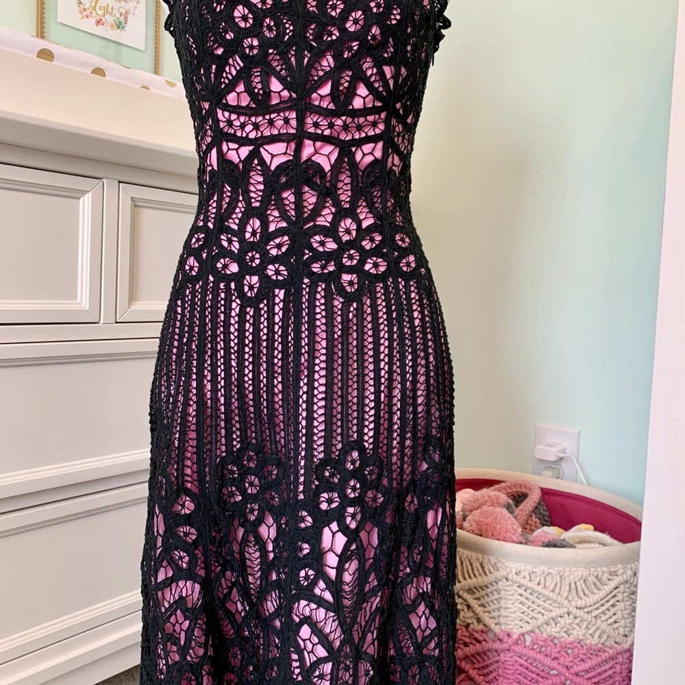 RARE Vintage Betsey Johnson NY Black Crochet Over Pink Spaghetti Strap Dress 4 - Picture 5 of 6